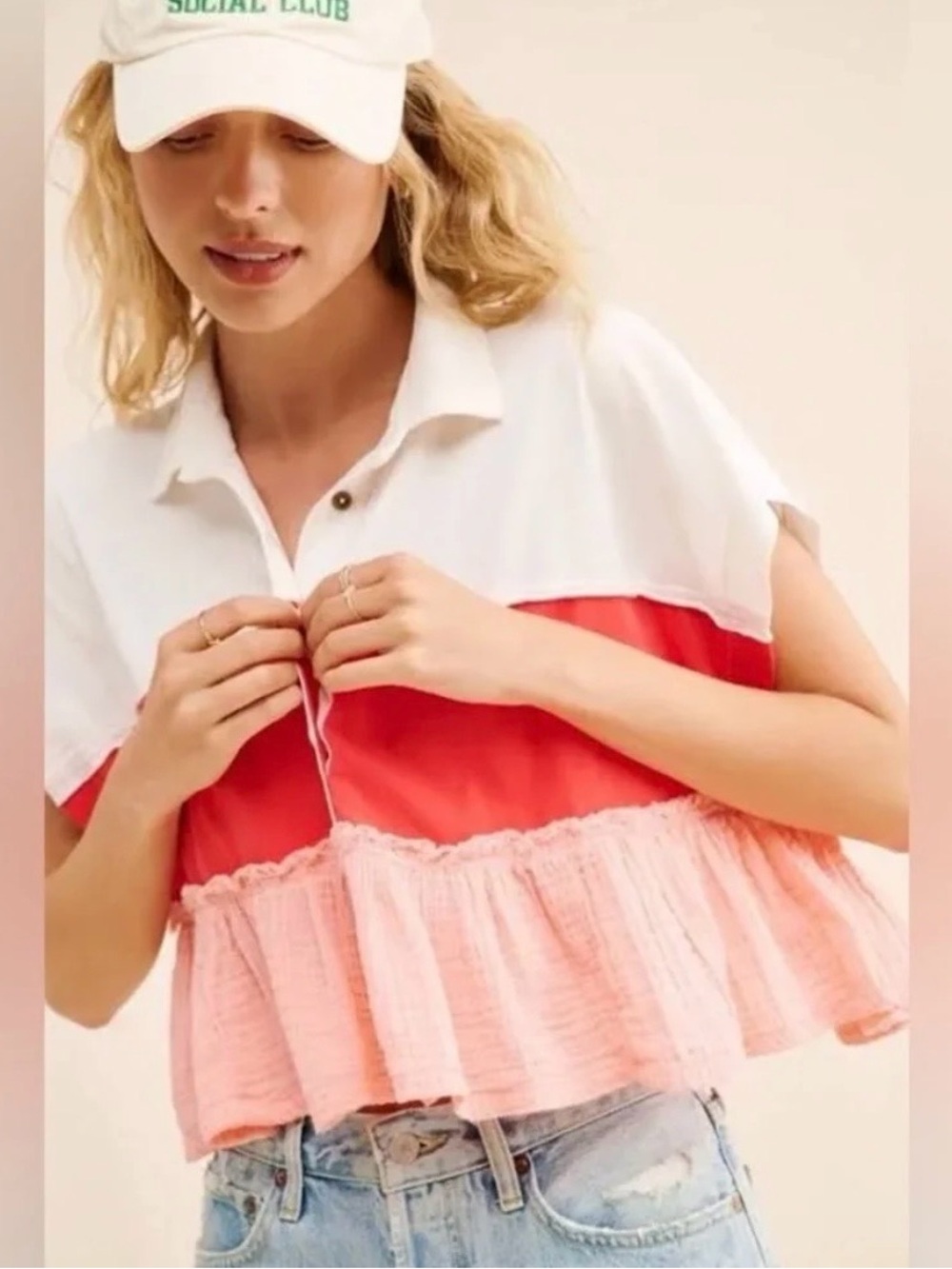 Pilcro White, Coral & Light Pink Cropped Polo with Ruffle Hem
